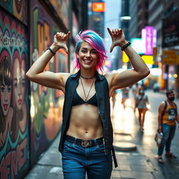 A vibrant and empowering image of a transgender person confidently showcasing their identity in an urban setting