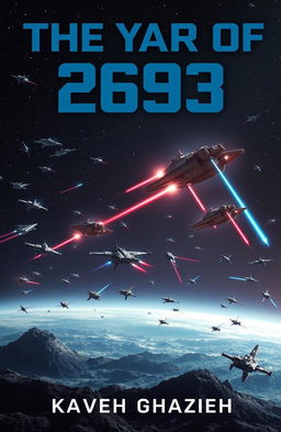 A dramatic ebook cover image set on a remote planet in space, depicting a fierce battle between warships in the sky
