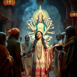 A mystical and enchanting memoir themed image depicting an English woman on a sacred adventure in India