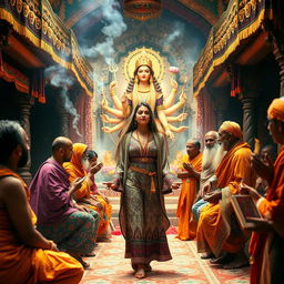 A mystical and enchanting memoir themed image depicting an English woman on a sacred adventure in India