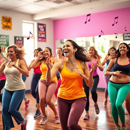 A group of diverse people energetically participating in a Zumba class, dancing with joy and enthusiasm in a colorful gym filled with sunlight