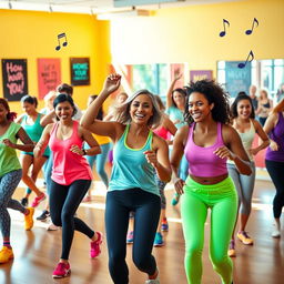 A group of diverse people energetically participating in a Zumba class, dancing with joy and enthusiasm in a colorful gym filled with sunlight