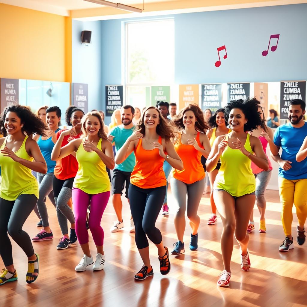 A group of diverse people energetically participating in a Zumba class, dancing with joy and enthusiasm in a colorful gym filled with sunlight