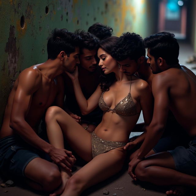 A sensual and alluring woman inspired by Nushrat Bharucha, set in a gritty slum environment