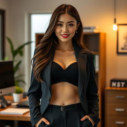 A sexy and beautiful 24-year-old Korean nutritionist wearing a stylish work outfit in her office