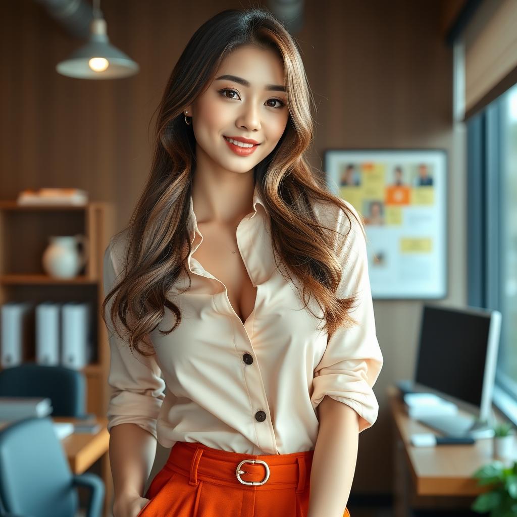 A sexy and beautiful 24-year-old Korean nutritionist wearing a stylish work outfit in her office