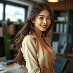 A sexy and beautiful 24-year-old Korean nutritionist wearing a stylish work outfit in her office