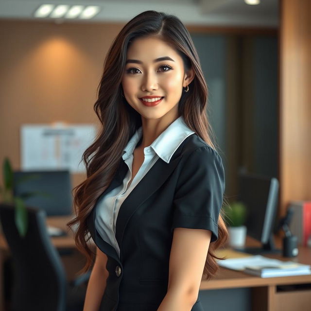 A sexy and beautiful 24-year-old Korean nutritionist dressed in an attractive work outfit, positioned in her office