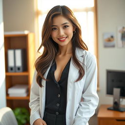 A sexy and beautiful 24-year-old Korean nutritionist dressed in a stylish work outfit complete with a lab coat, positioned in her office