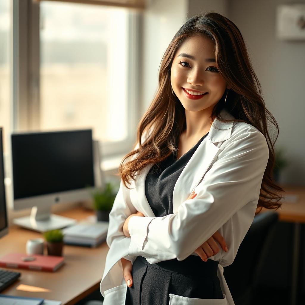 A sexy and beautiful 24-year-old Korean nutritionist dressed in a stylish work outfit complete with a lab coat, positioned in her office