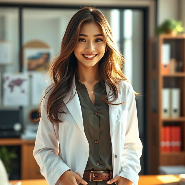 A sexy and beautiful 24-year-old Korean nutritionist dressed in a stylish work outfit complete with a lab coat, positioned in her office