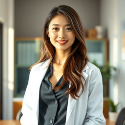 A sexy and beautiful 24-year-old Korean nutritionist dressed in a stylish work outfit complete with a lab coat, positioned in her office