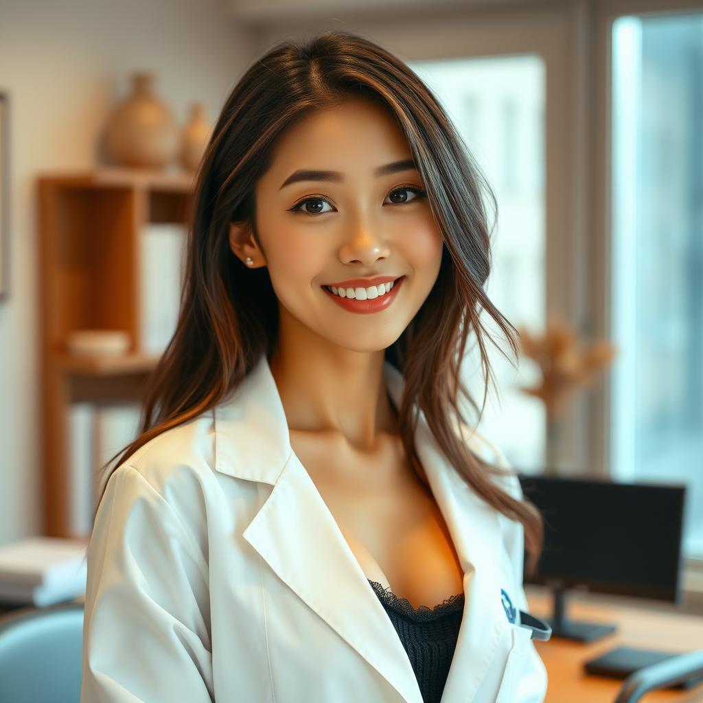 A sexy and beautiful 24-year-old Korean nutritionist wearing a stylish work outfit along with her lab coat, set in her office