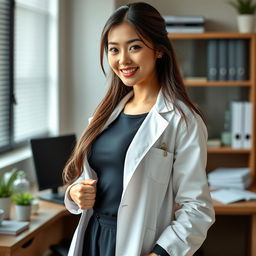 A sexy and beautiful 24-year-old Korean nutritionist wearing a stylish work outfit along with her lab coat, set in her office