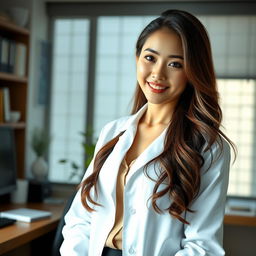 A sexy and beautiful 24-year-old Korean nutritionist wearing a stylish work outfit along with her lab coat, set in her office