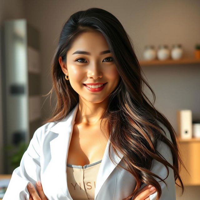 A sexy and beautiful 24-year-old Korean nutritionist wearing a stylish work outfit along with her lab coat, set in her office