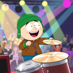 A cartoon-style illustration featuring Kyle Broflovski from South Park joyfully playing cymbals