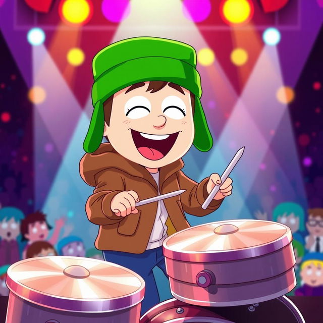 A cartoon-style illustration featuring Kyle Broflovski from South Park joyfully playing cymbals