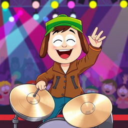 A cartoon-style illustration featuring Kyle Broflovski from South Park joyfully playing cymbals