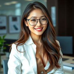 A sexy and beautiful 24-year-old Korean nutritionist wearing a stylish work outfit complemented by fashionable glasses, situated in her office