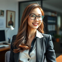A sexy and beautiful 24-year-old Korean nutritionist wearing a stylish work outfit complemented by fashionable glasses, situated in her office
