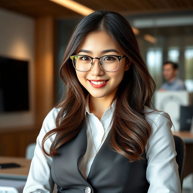 A sexy and beautiful 24-year-old Korean nutritionist wearing a stylish work outfit complemented by fashionable glasses, situated in her office