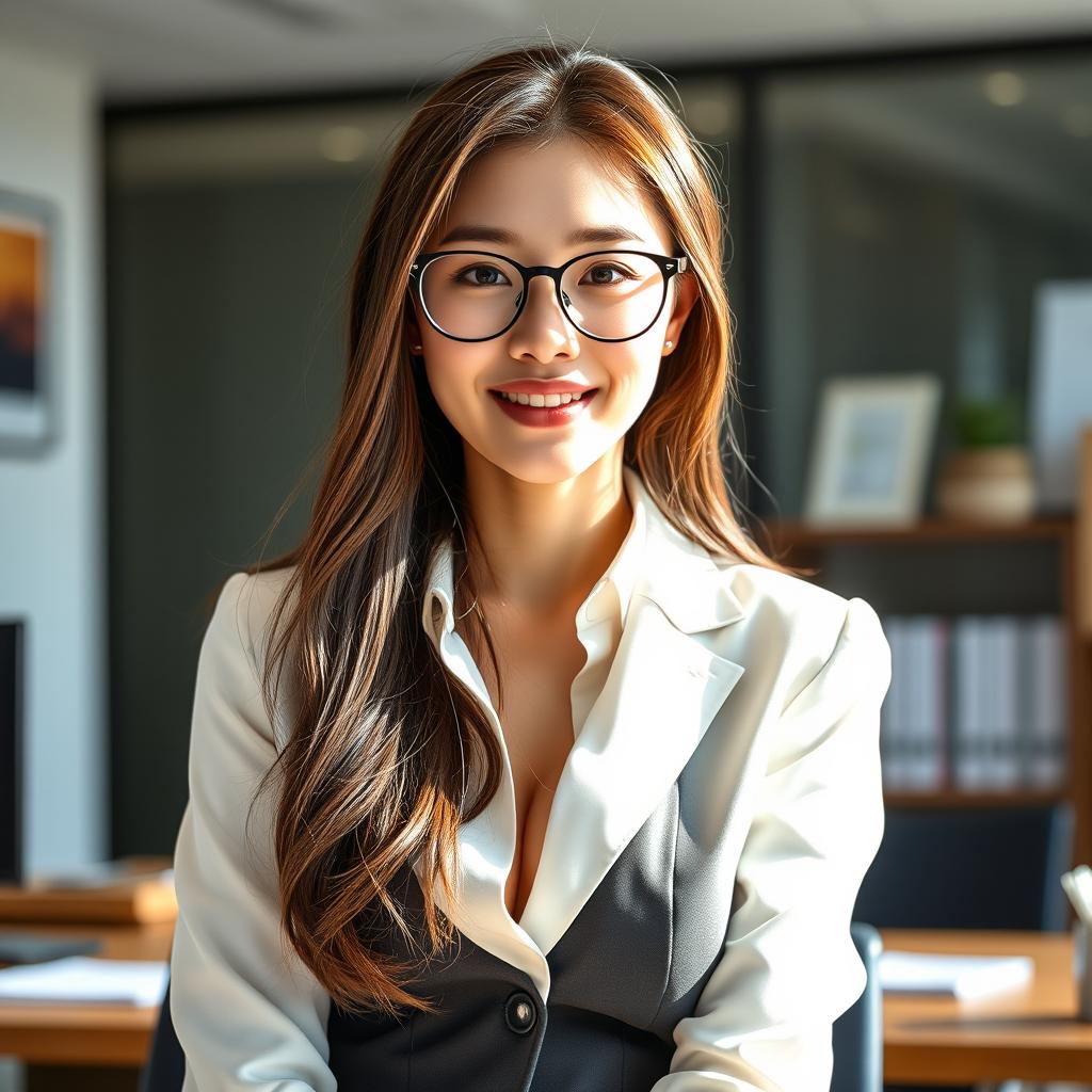 A sexy and beautiful 24-year-old Korean nutritionist wearing a stylish work outfit complemented by fashionable glasses, situated in her office