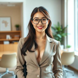 A sexy and beautiful 24-year-old Korean nutritionist wearing a chic work outfit paired with stylish glasses, situated in her modern office