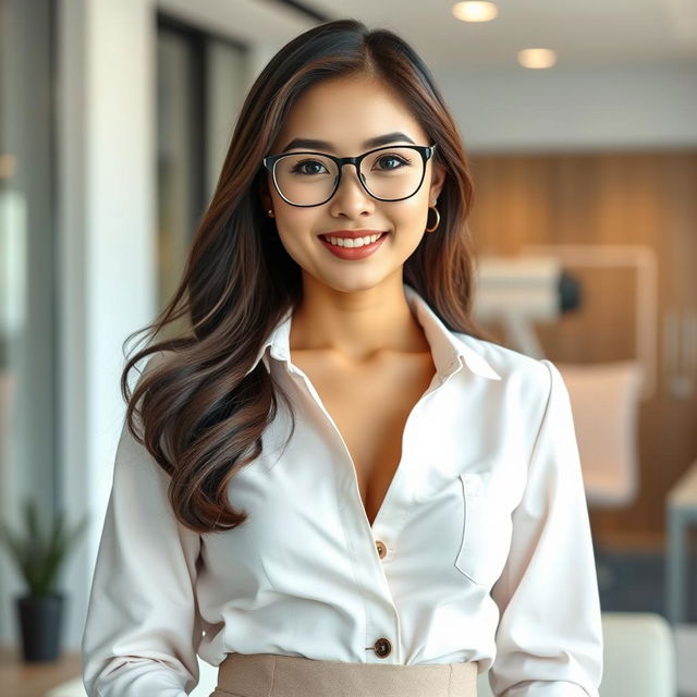 A sexy and beautiful 24-year-old Korean nutritionist wearing a chic work outfit paired with stylish glasses, situated in her modern office