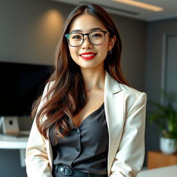 A sexy and beautiful 24-year-old Korean nutritionist wearing a chic work outfit paired with stylish glasses, situated in her modern office