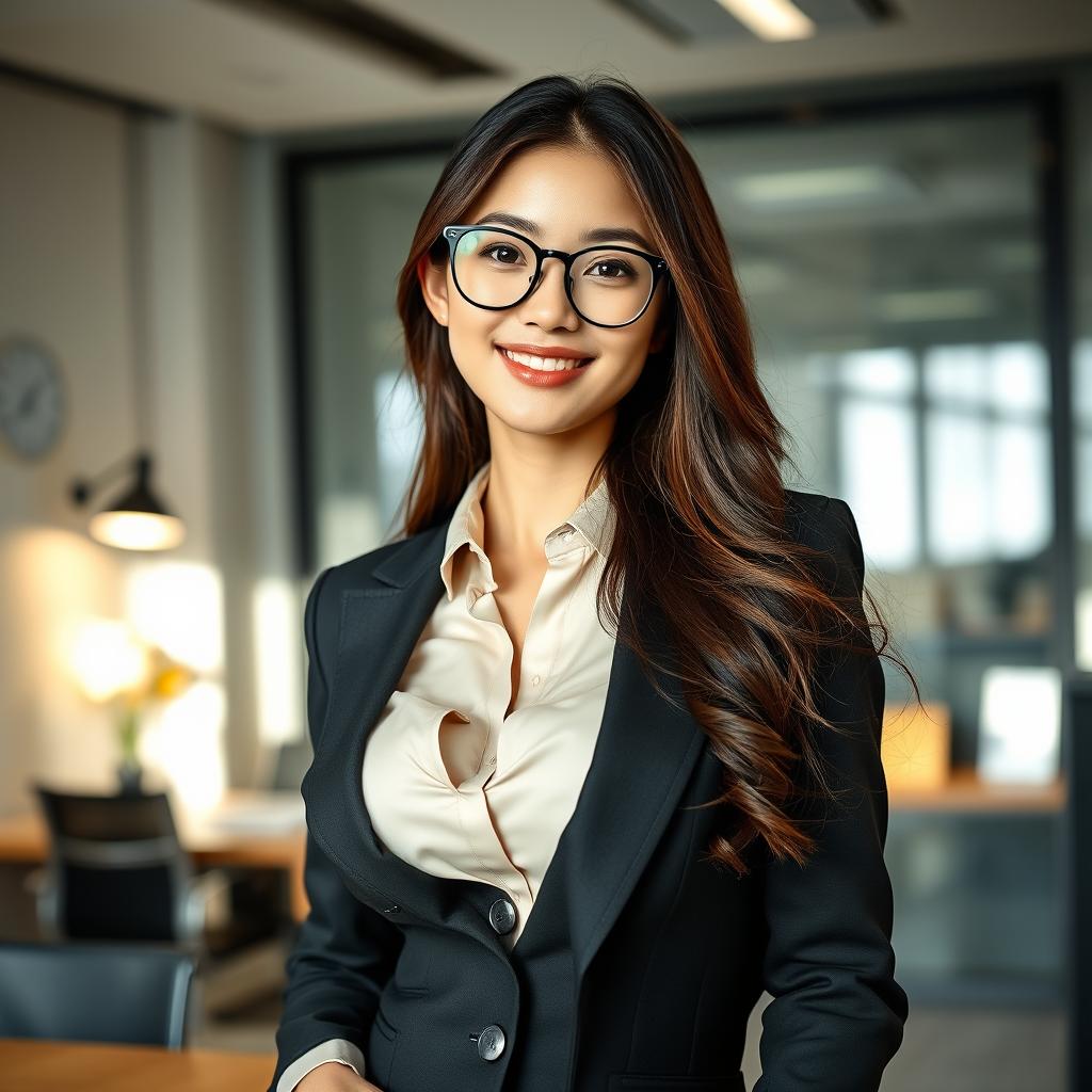 A sexy and beautiful 24-year-old Korean nutritionist wearing a chic work outfit paired with stylish glasses, situated in her modern office