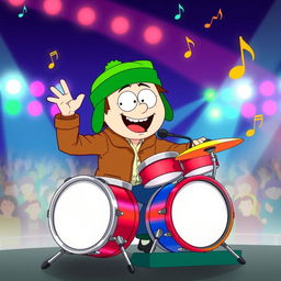 A cartoon-style illustration featuring Kyle Broflovski from South Park energetically playing a drum set