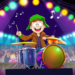 A cartoon-style illustration featuring Kyle Broflovski from South Park energetically playing a drum set