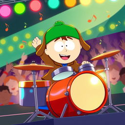 A cartoon-style illustration featuring Kyle Broflovski from South Park energetically playing a drum set