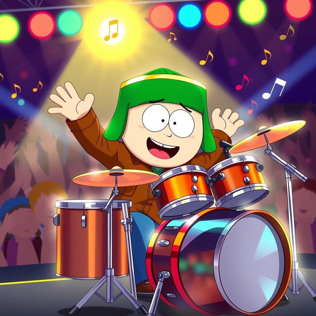 A cartoon-style illustration featuring Kyle Broflovski from South Park energetically playing a drum set