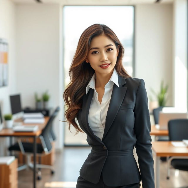 A sexy and beautiful 24-year-old Korean nutritionist dressed in a stylish and sexy work outfit, located in her modern office