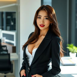 A sexy and beautiful 24-year-old Korean nutritionist dressed in a stylish and sexy work outfit, located in her modern office