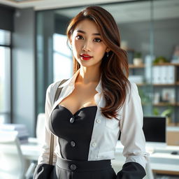 A sexy and beautiful 24-year-old Korean nutritionist dressed in a stylish and sexy work outfit, located in her modern office
