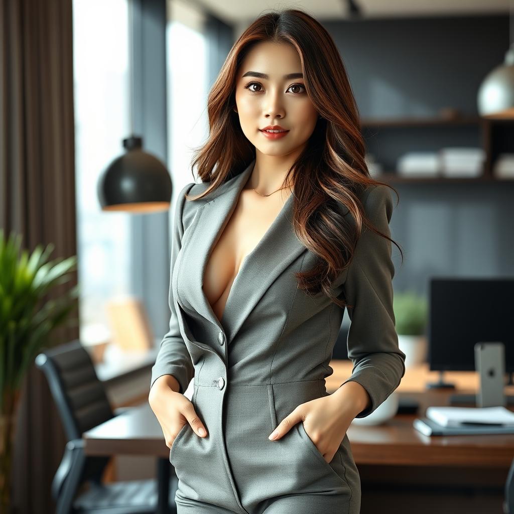 A sexy and beautiful 24-year-old Korean nutritionist dressed in a stylish and sexy work outfit, located in her modern office