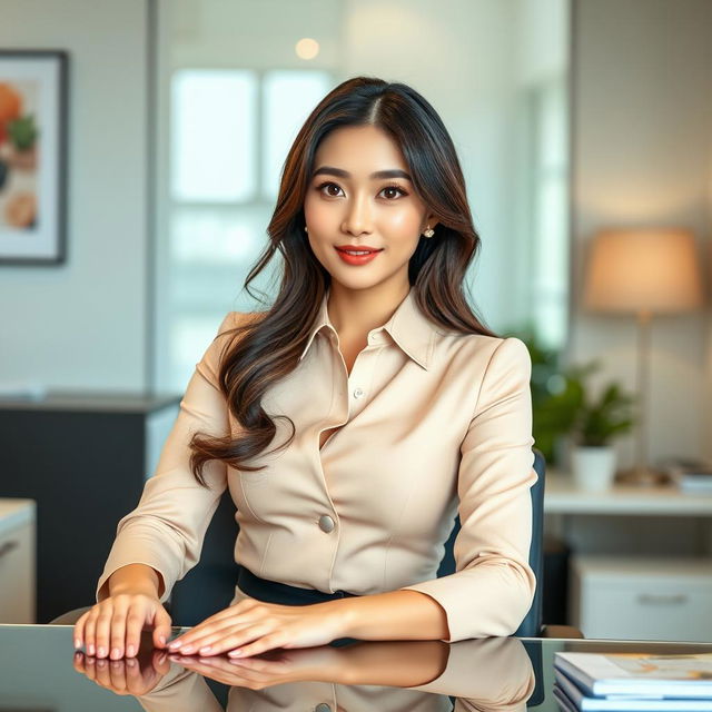 A sexy and beautiful 24-year-old Korean nutritionist dressed in an elegant and sexy work outfit, sitting in her modern office with her hands poised on the desk