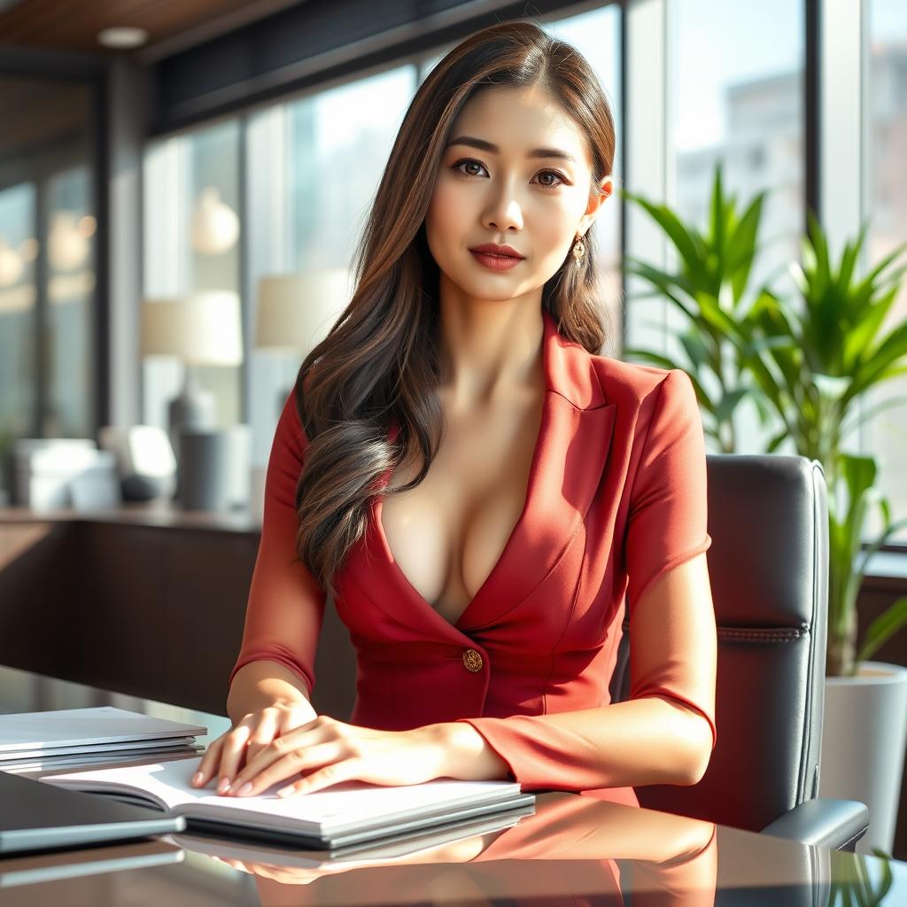 A sexy and beautiful 24-year-old Korean nutritionist dressed in an elegant and sexy work outfit, sitting in her modern office with her hands poised on the desk