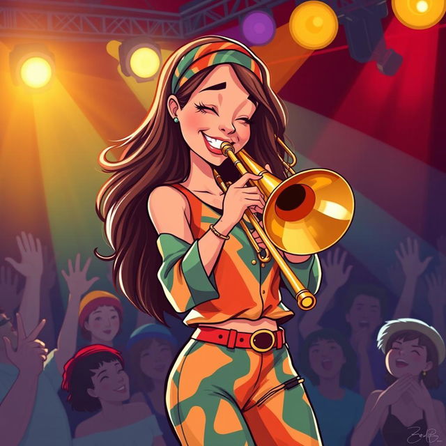 A vibrant and dynamic illustration of a female trombone player named Heidi Turner