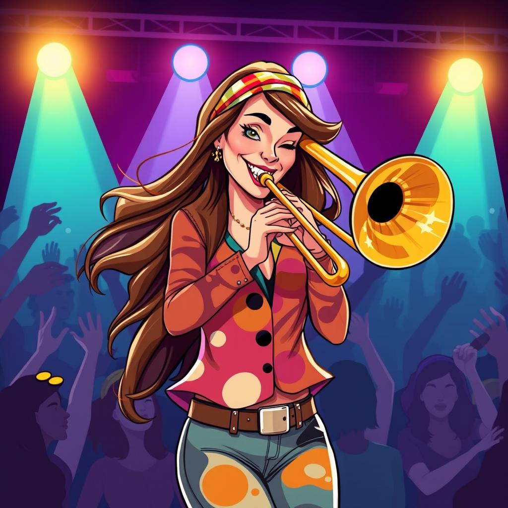 A vibrant and dynamic illustration of a female trombone player named Heidi Turner