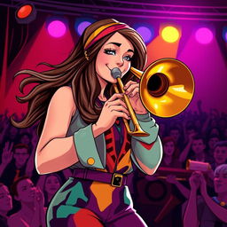A vibrant and dynamic illustration of a female trombone player named Heidi Turner