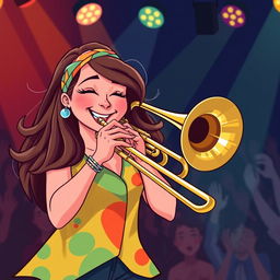 A vibrant and dynamic illustration of a female trombone player named Heidi Turner