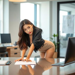 A sexy and beautiful 24-year-old Korean nutritionist dressed in a stylish and sexy work outfit, leaning over her desk in her modern office