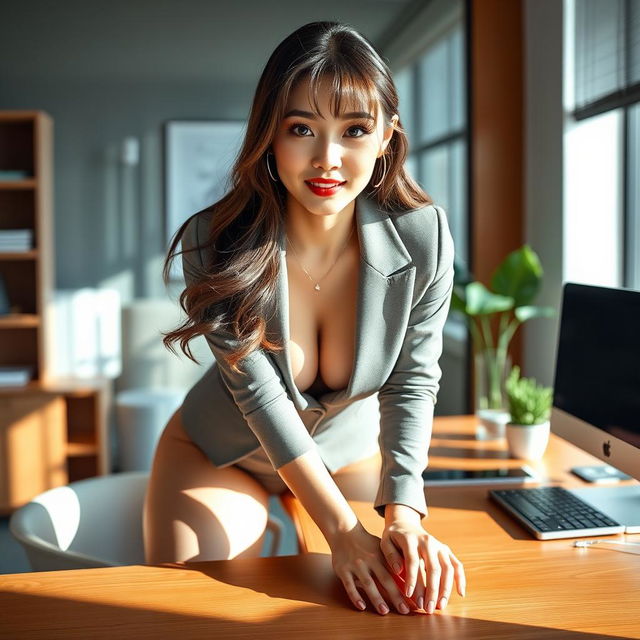 A sexy and beautiful 24-year-old Korean nutritionist dressed in a stylish and sexy work outfit, leaning over her desk in her modern office