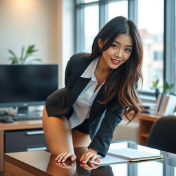 A sexy and beautiful 24-year-old Korean nutritionist dressed in a stylish and sexy work outfit, leaning over her desk in her modern office