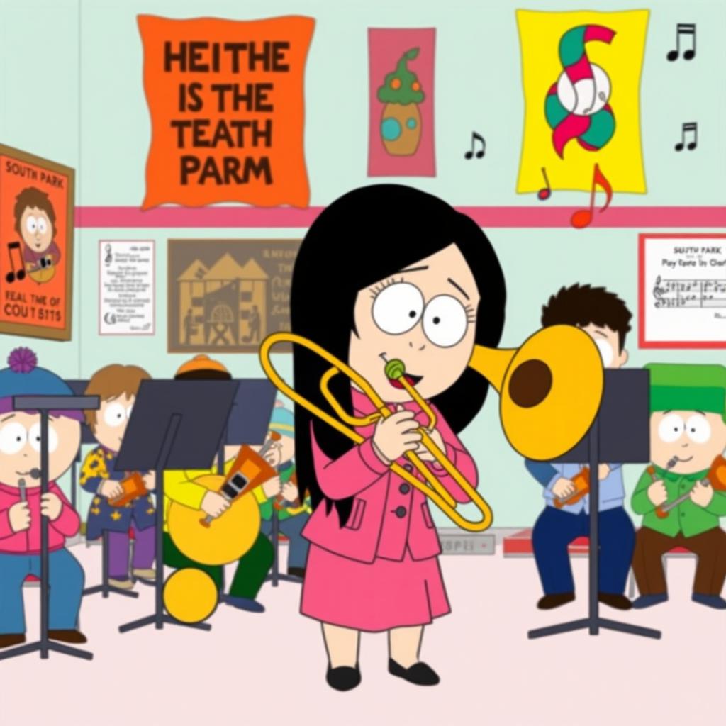 A cartoon-style illustration of Heidi Turner from South Park, confidently playing her trombone