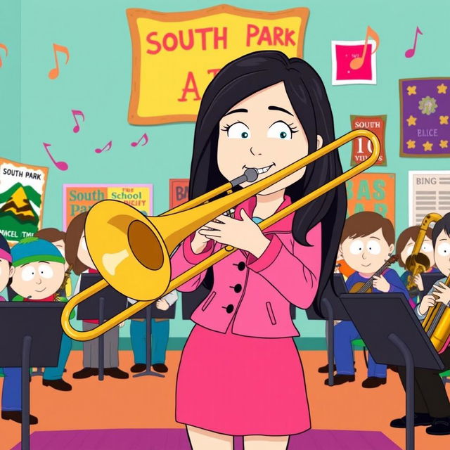 A cartoon-style illustration of Heidi Turner from South Park, confidently playing her trombone